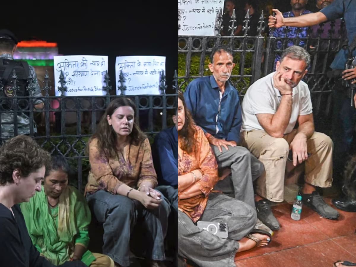 ദുഷ്യന്ത് കുമാറിന്റെ ഗവർണർ നിയമനത്തിനെതിരെ ഇന്ത്യാ ഗേറ്റിൽ രാഹുൽ ഗാന്ധിയും പ്രിയങ്ക ഗാന്ധിയും; അങ്കിത ഭണ്ഡാരിയുടെ മാതാപിതാക്കൾക്കൊപ്പം മിന്നൽ ധർണ